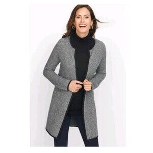 Talbots Cardigan Sweater Textured Open Front Marled Long Sleeve Black Gray XS